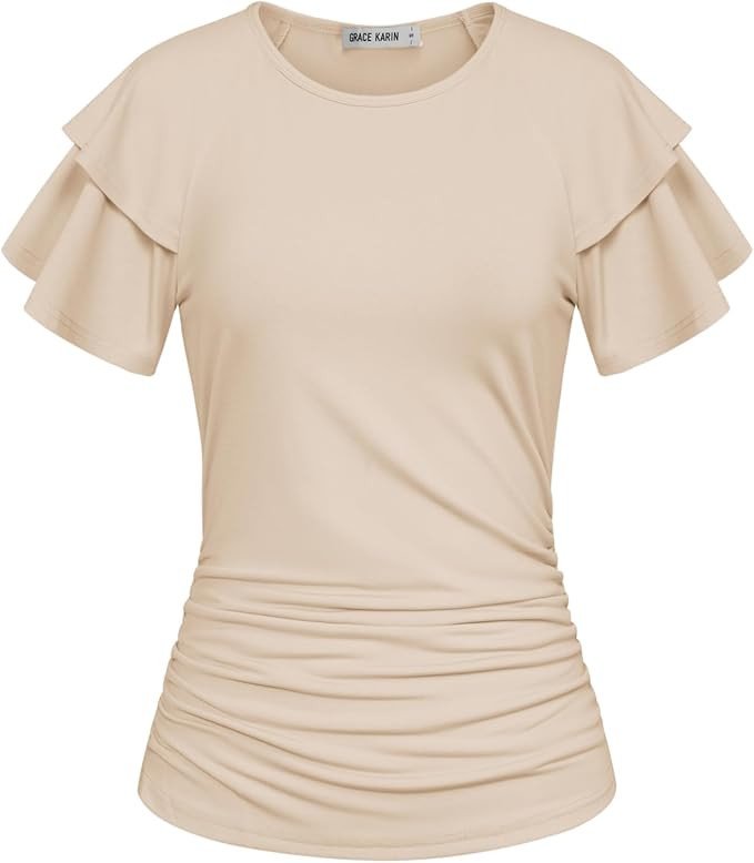GRACE KARIN Women's Summer Tops Ruffle Sleeve Basic T Shirts Dressy Casual Ruched Work Blouses Trendy Clothes 2025