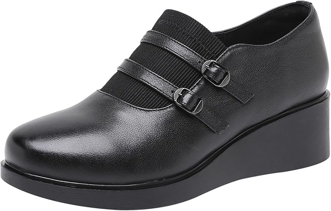 Women's Genuine Leather Wedge Loafers with Adjust Buckle Strap Casual Comfortable Round Toe Slip On Soft Platform Walking Shoes for Daily Driving Work Mom Shoes
