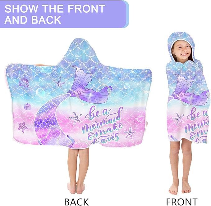 Bonsai Tree Mermaid Kids Beach Towel with Hood, Mermaid Tail Microfiber Hooded Poncho Towel for Girls 30”x50”, Mermaid Scales Pink Soft Absorbent Bath Towels Bathrobe for Swin Pool