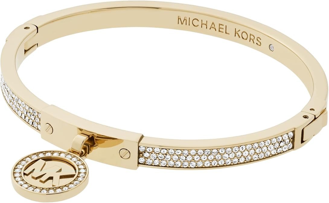 Michael Kors Stainless Steel and Pavé Crystal MK Logo Bangle Bracelet for Women, Color: Gold (Model: MKJ5976710)