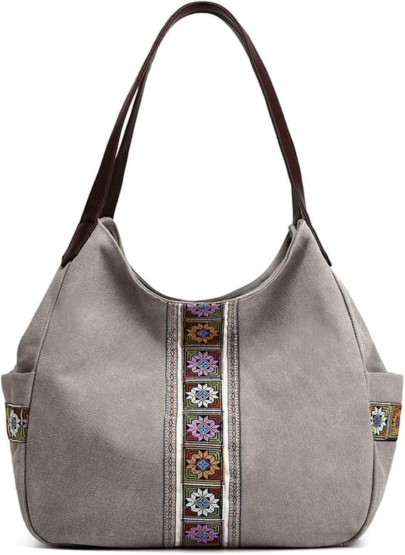 Worldlyda Women Canvas Hobo Purse Multi Pocket Tote Shopper Shoulder Bag Casual Top Handle handbag with Embroidery Ethnic