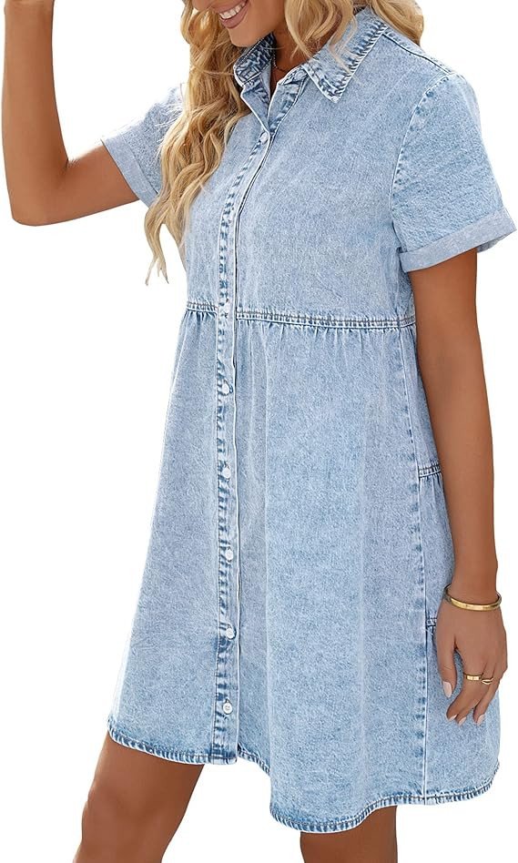 LookbookStore Women's Short Sleeve Button Down Flowy Tiered Babydoll Denim Dress