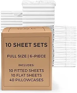 Bulk Case Pack of 10 Sheet Sets - Complete 6 Piece Sheet Sets - Bulk Full Size Bedding - Wholesale Case Pack for Hotels, Spa & Airbnbs - Deep Pocket & Wrinkle Free - Cooling & Breathable - Full, White
