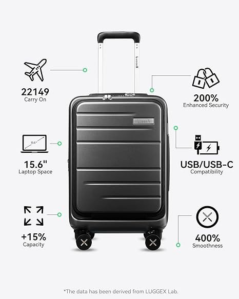LUGGEX Carry On Luggage 22x14x9 Airline Approved, Polycarbonate Hard Suitcase with Front Pocket (Charcoal Metallic, 20 Inch, 30.9L)