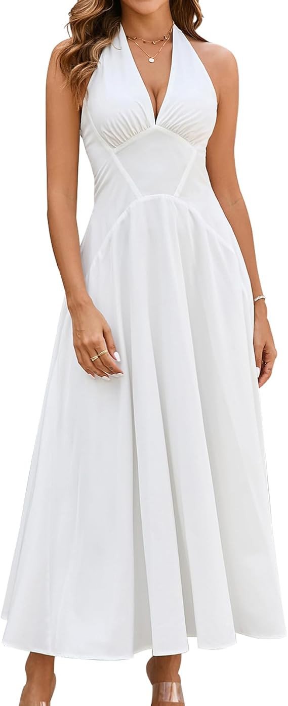 GLNEGE Women's Summer V-Neck Long Dress Casual Halter Wedding Guest Dresses Boho Flowy Smocked Sundress 2025