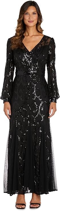 R&M Richards Womens Sequined Mesh Evening Dress