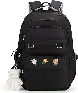 Cute Aesthetic School Backpack for Teens Girls Boys Women, College Laptop Bookbag for High Middle School Student (Black)