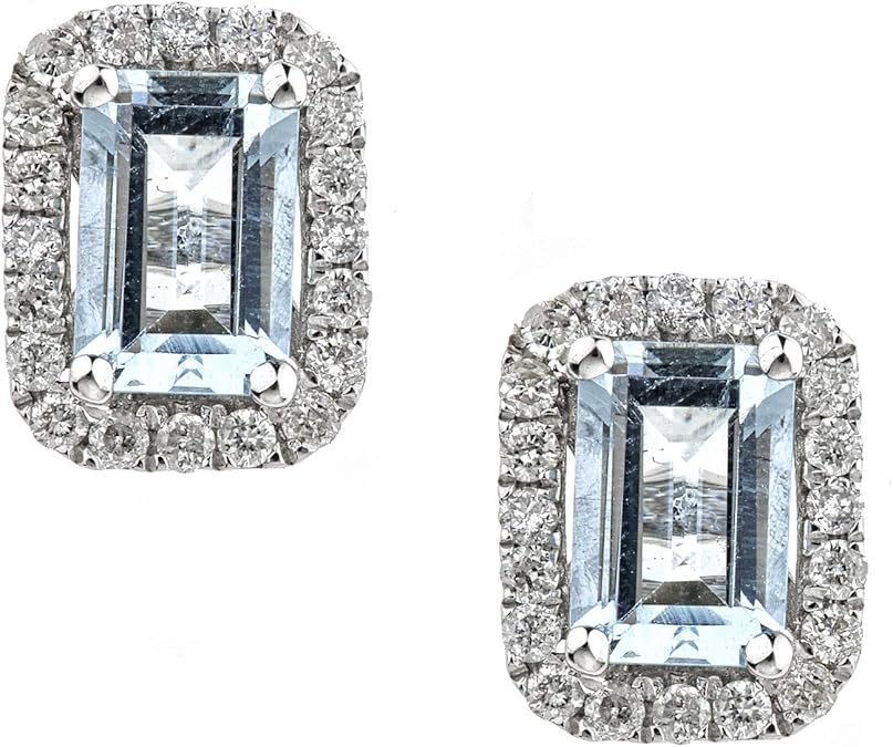 Gin & Grace 14k White Gold Genuine Aquamarine Diamond (SI1) Stud Earring for Women