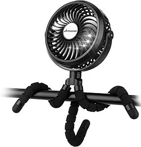 AMACOOL Battery Operated Stroller Fan Flexible Tripod Clip On Fan with 3 Speeds and Rotatable Handheld Personal Fan for Car Seat Crib Bike Treadmill (Black)