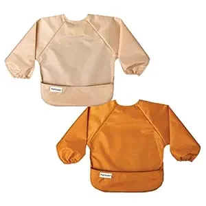 Tiny Twinkle Mess Proof Baby Bib, 2 Pack Long Sleeve Bib Outfit, Waterproof Bibs for Toddlers, Machine Washable, Tug Proof (Sand Cinnamon, Small 6-24 Months)