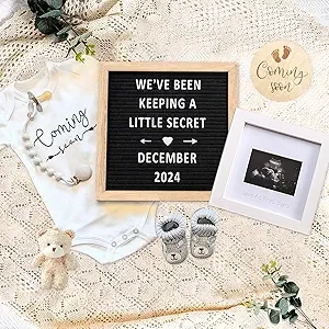 Pregnancy Announcement, Baby Announcement Ideas Set Include Felt Letter Board, Baby Onesie, Baby Booties, Photo Frame, Wooden Sign and Bear Plush, Baby Announcement Props Coming Soon Baby Announcement