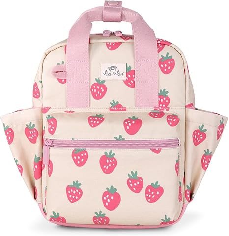 Itzy Ritzy Toddler Backpack - Daycare Bag - Features Adjustable Shoulder Straps, 2 Side Pockets & Spacious Interior with Wipeable Fabric Lining & Name Label, Strawberry Backpack