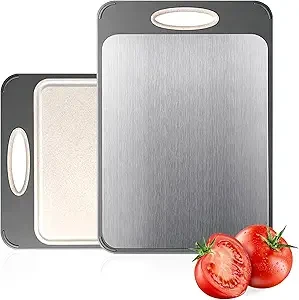 Cutting Board Double Sided,Large Stainless Steel Cutting Boards,Wheat Straw Cutting Boards for Kitchen,for Meat, Veggies, Fruits, with Easy Grip Handle,Dishwasher Safe (1, Large)