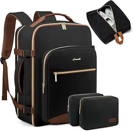 LOVEVOOK 40L Large Travel Backpack for Women Men, 17 Inch Carry on Backpack for Traveling on Airplane, Personal Item Bag Airline Approved, Business Causal Weekender Backpack, Black-Brown