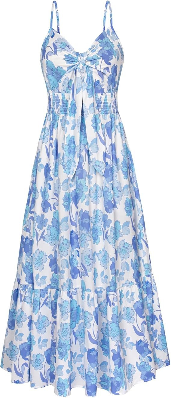 GRACE KARIN Women's 2025 Summer Beach Dress Floral V Neck Tie Front Spaghetti Strap Flowy Long Dress Boho Maxi Dress