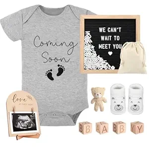 9 Pcs Pregnancy Announcements Baby Announcement Sign, Include Felt Letter Board Baby Bodysuit Shoes and Wooden Sign Coming Soon Baby Surprise Announcement for Grandparents Partner Gift Family Reveal