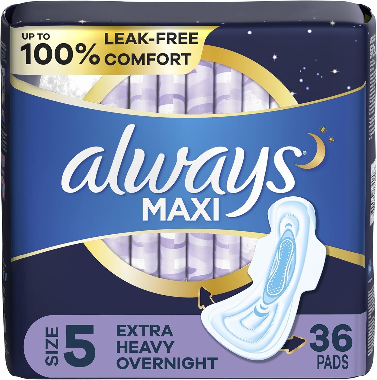 Always Maxi Overnight Pads with Wings, Size 5, Extra Heavy Overnight, Unscented, 36 Count