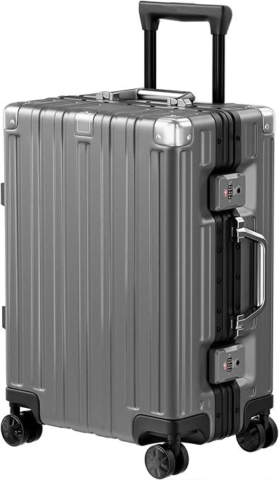 Krute Carry On Luggage Aluminum Frame No Zipper Metal Hardshell PC+ABS Luggage Noble TSA Airline Approved Suitcase with Spinner Wheels 20 Inch Gray
