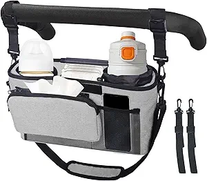 Cup Holder Attachment for Stroller Organizer, Stroller Accessories, Etachable Shoulder Strap, Baby Travel Essential, Non-Slip Secure Hooks Accessories, Fits Most Strollers Off White