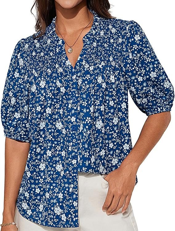 GRACE KARIN Womens Floral Button Down Shirts 2025 Puff Half Sleeve V Neck Summer Casual Loose Chiffon Blouse Tops