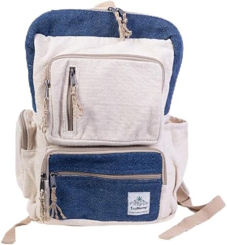 Handmade Multi-Pocket Hemp Backpack, Blue – Durable & Spacious Backpack with Zippered Compartments, Adjustable Straps for Travel, and Outdoor Activities