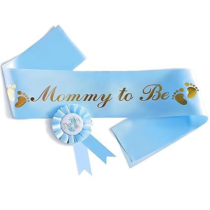Baby Shower Sash for Mommy - Set of 2 Blue Satin Mommy to Be Sash with Dad to Be Pin, Elegant Glossy Texture with Gold Glitz Letters, Easy to Wear - Lightweight and Durable Baby Shower Decorations Boy