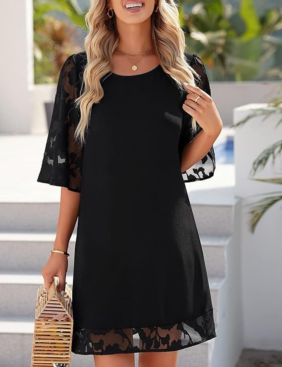 LookbookStore 3/4 Sleeve Dress for Women Shift Cute Summer Tunic Floral Lace Dresses