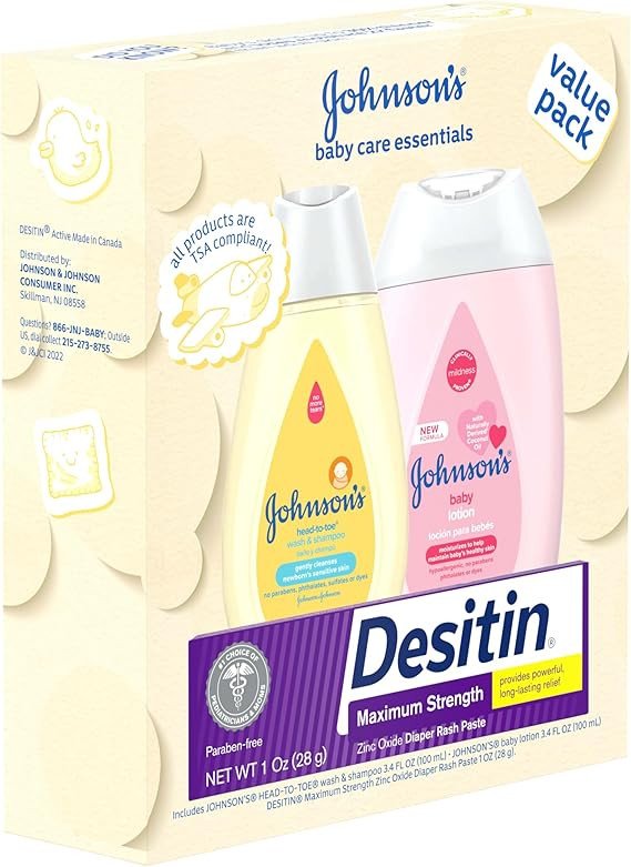 Johnson's Baby Care Essentials Gift Set, Body Lotion, & Zinc Oxide Diaper Rash Paste for Baby's Delicate Skin, Value Pack, Travel-Size, Bath Essentials Must Haves, Baby Gifts, 3 Items