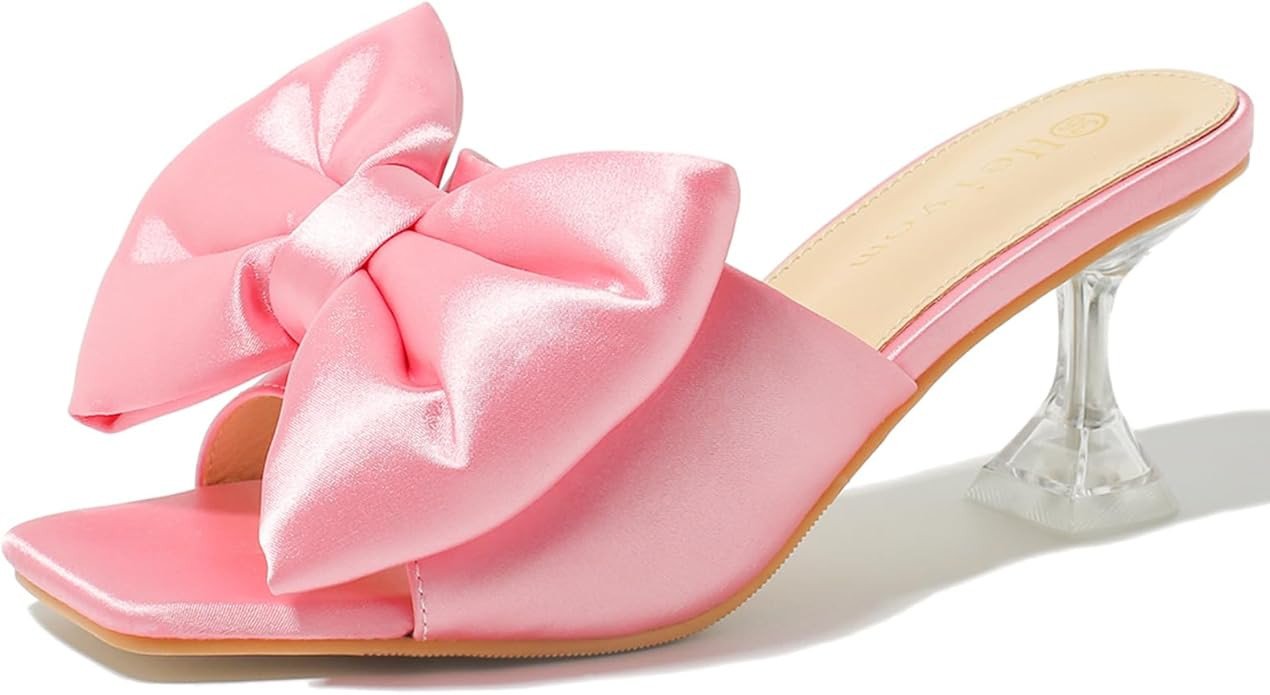Women's Bowknots Dress Sandals Clear Heel Mules Slip on Satin Bow Heels Square Toe Shoes for Prom Party Wedding