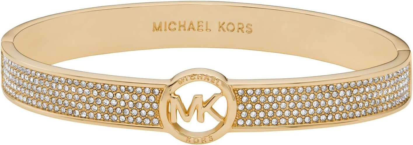 Michael Kors Brass and Pavé Crystal MK Logo Bangle Bracelet for Women, Color: Gold (Model: MKJ8003710)