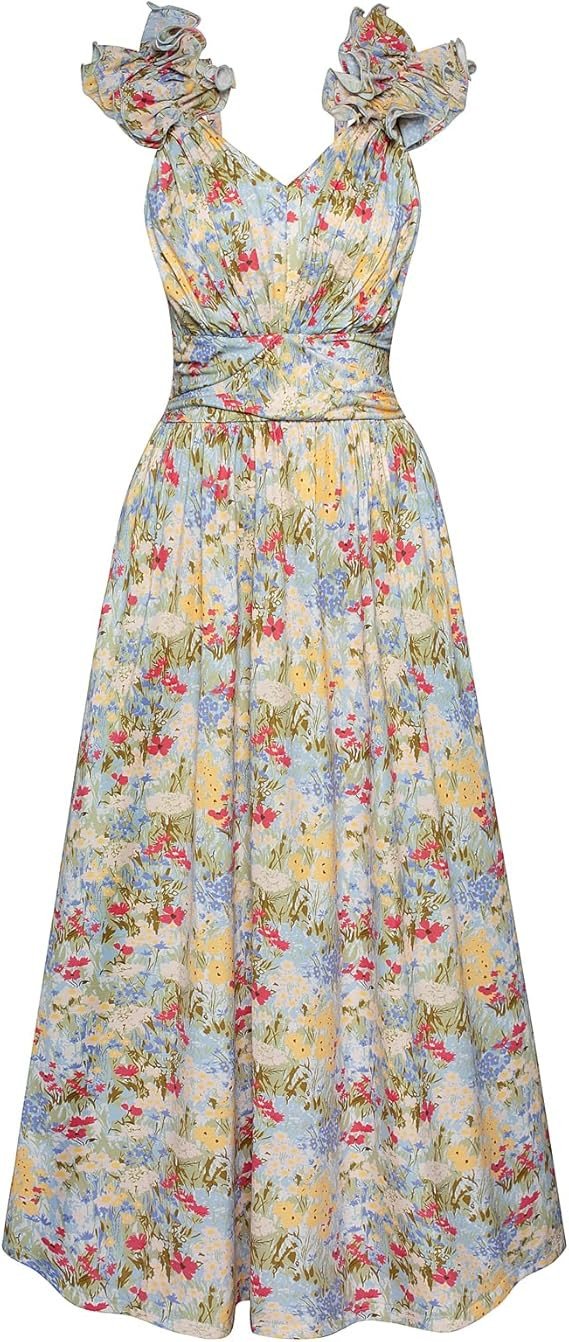 GRACE KARIN 2025 Women's Summer Floral Print Dress Sleeveless Casual Flowy Sundress A Line Ruffle Wedding Guest Outfit