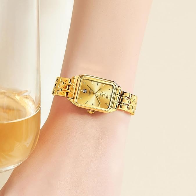 OLEVS Square Watches for Women, Gold Stainless Steel Bracelet Ladies Small Face Watches, Dainty Waterproof Women's Wrist Watches with Date, Gold/Black/White/Blue/Green Dial