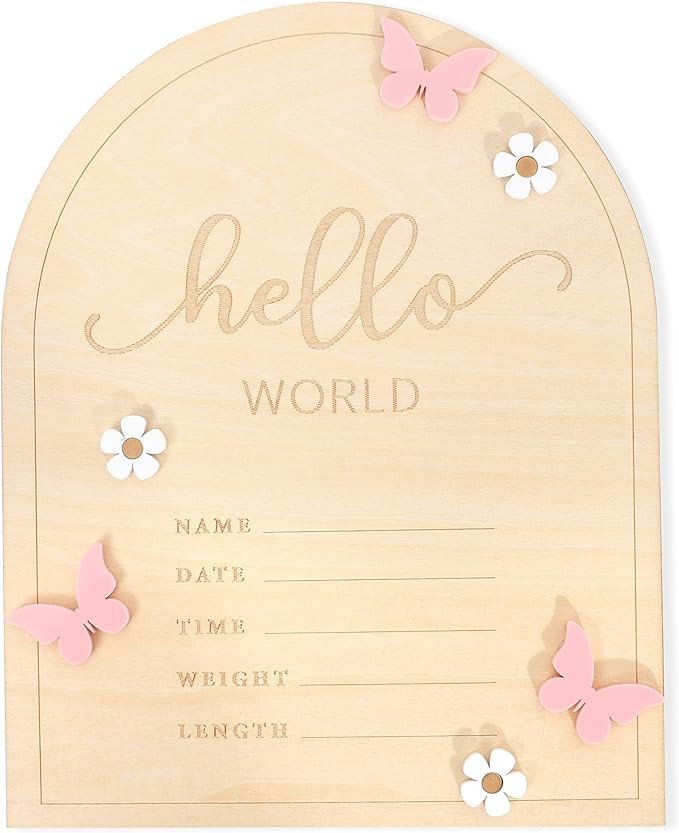 Hello World Newborn Sign - Baby Announcement Sign for Baby Showers, Pink Butterfly Newborn Birth Announcement Board, Daisy Wooden Baby Milestone Card,Welcome