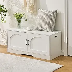 Shoe Bench, Entryway Storage Bench with 2 Doors, Shoe Rack Bench, Adjustable Shelves, Shoe Cabinet with Storage,13.8" D x 31.5" W x 18.1" H for Entryway, Living Room, Hallway, Mudroom, Bedroom, White