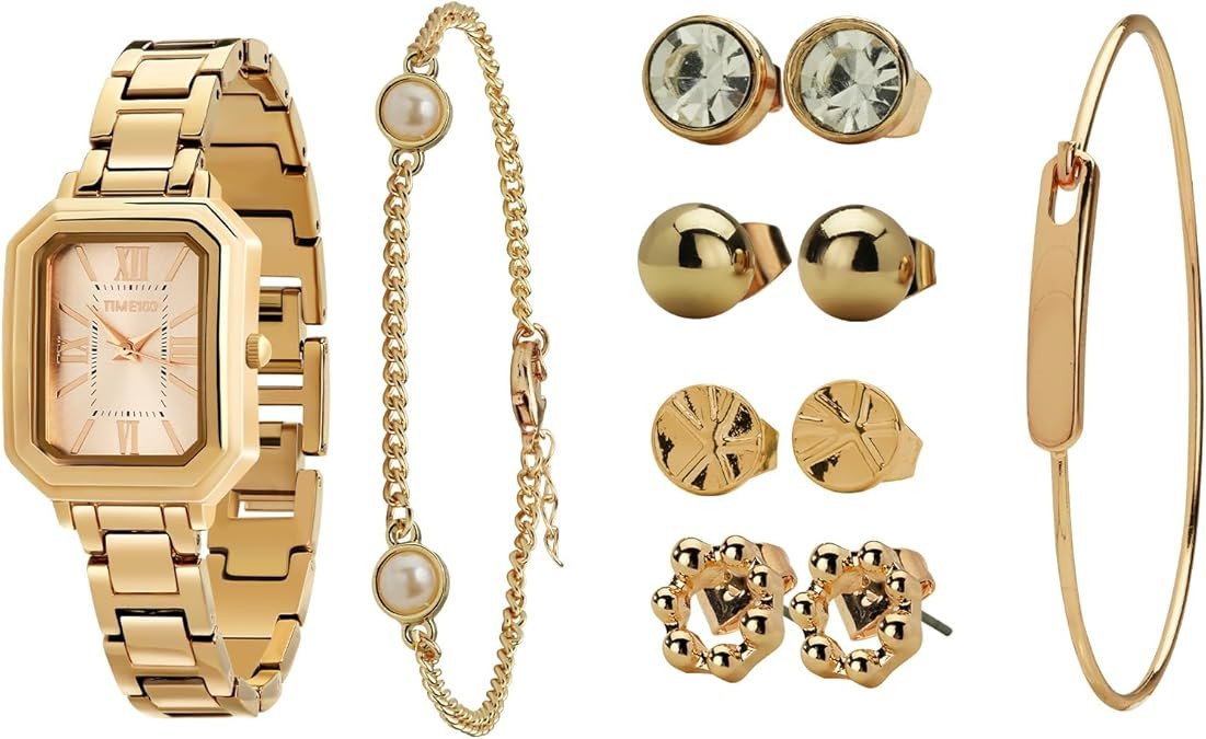 Women's Rectangular Watch Set with Bracelet, Chain, and 4 Pairs of Earrings, Pink Zippered Gift Box W50893L
