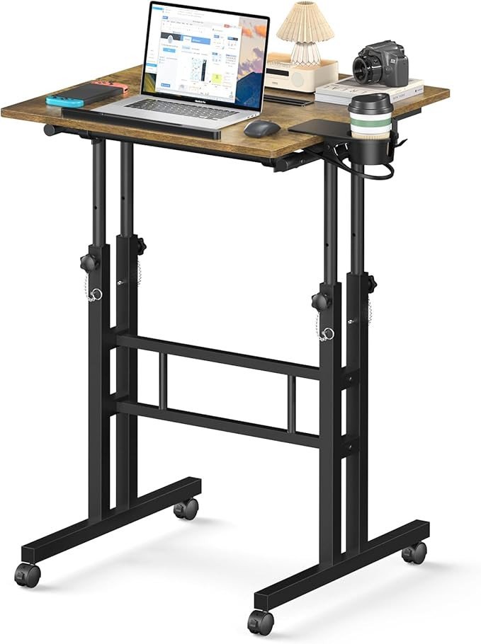 Small Standing Desk with Wheels, Stand Up Desk, Mobile Desk, Portable Standing Desk on Wheels, Standing Desk for Walking Pad, Rolling Desk Adjustable Height, Rolling Computer Desk, Tall Desk (Brown)