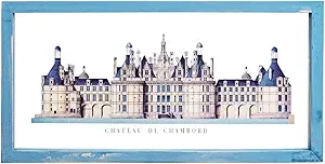 VANELUSIA Wooden Framed Wall Art, Blue Wall Decorations for Living Room，Glass with HD Print Painting Natural Wood Wall Decor,15.7x7.9in,Rectangular Frame,Chateau de Chambord Theme