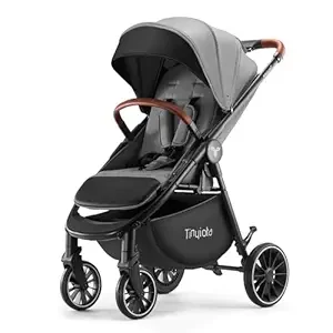 Baby Stroller, Infant Stroller with Large UPF 50+ Canopy,Luxury Pram Stroller with Leather Handle & Spacious Seat, One-Hand Foldable Pushchair, Toddler Stroller with Lie-Flat Mode(Gray)