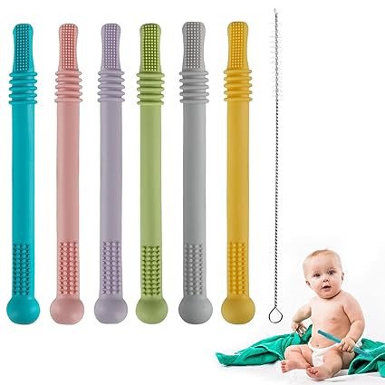 Fu Store Hollow Teether Tube Chew Straw Sensory Toy for Infant Toddlers Silicone Tubes Teething Toys for Babies