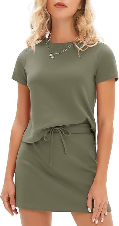 EXLURA Womens Casual Summer 2 Piece Short Skirt Sets Short Sleeve Tshirt And Tennis Skort Dressy Matching Sweatsuits