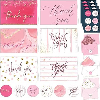 Decorably 24 Pack Glittery 6x4in Pink Thank You Cards with Envelopes and Stickers, 6 Elegant Designs Pink Thank You Notes, Blank Inside - Wedding, Baby Shower, Birthday