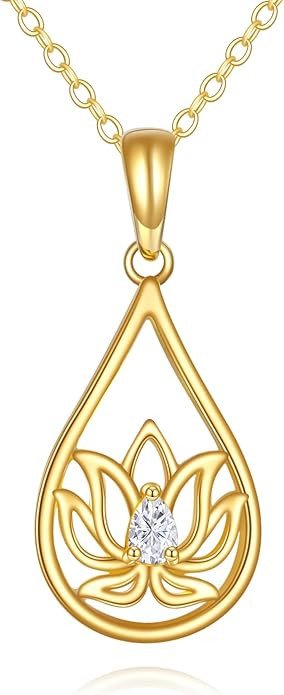 14K Solid Gold Lotus Chakra Necklace Pendant for Women Real Gold Yoga Lotus Flower Necklace Promise Anniversary Birthday Gifts Jewelry for Women Wife