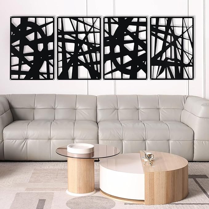 Decorative Metal Panels, Set of 4, 10.98" x 15.94", Modern Geometric Design, Black Metal Wall Art, Room Dividers, Architectural Elements for Home and Office Décor