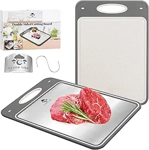 CLOUDVIBE Stainless Steel Cutting Board, Double-Sided Chopping Board with Finger Guard, Hook, and Anti-Slip Design, 14x9.6 Inches