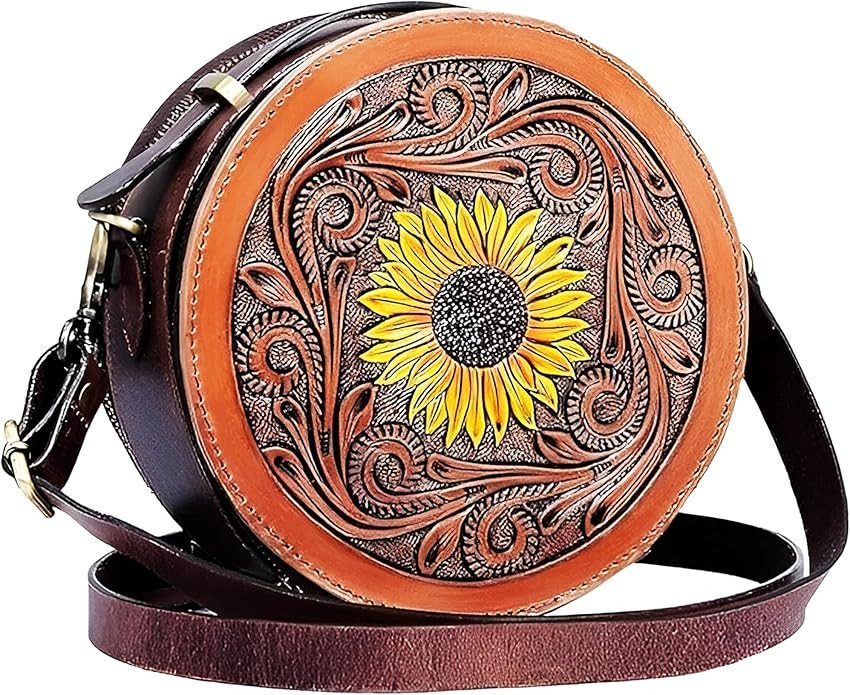 Leather Purse with Adjustable Strap – Genuine Tooled Leather Purse – Purses for Women with Inside Pockets – Shoulder Strap & Round Leather Crossbody Purse for Women - Western Purses for Women