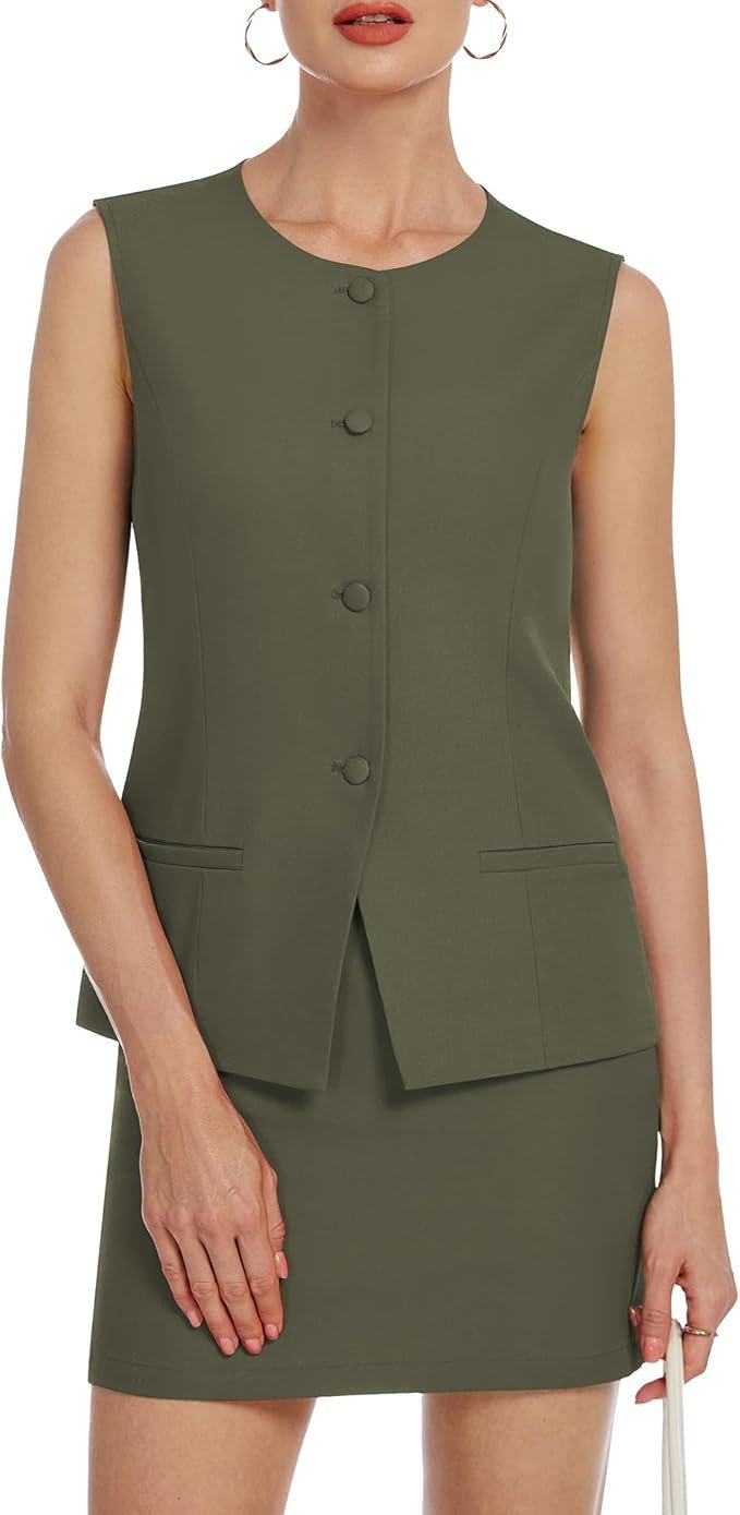 Womens Two Piece Blazer Outfits Skirt Set Button Down Vest Short Skort Crew Neck Summer Business Casual Suit