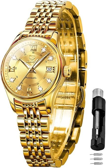 OLEVS Women Automatic Mechanical Watches Self Winding Rose Gold Two Tone Ceramic Strap Diamond Love Heart Dial Fashion Elegant Dress Ladies Wrist Watches Waterproof Luminous