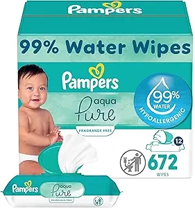 Pampers Baby Wipes Aqua Pure, 99% water-based wipes, Hypoallergenic and Unscented Baby Wipes, 672 Wipes Total (12 Flip-Top Packs)