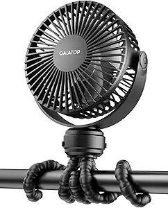 Gaiatop Mini Portable Stroller Fan, Battery Operated Small Clip on, Detachable 3 Speed Rechargeable, 360° Rotate Flexible Tripod Better Cooling for Car Seat Crib Treadmill Travel Black