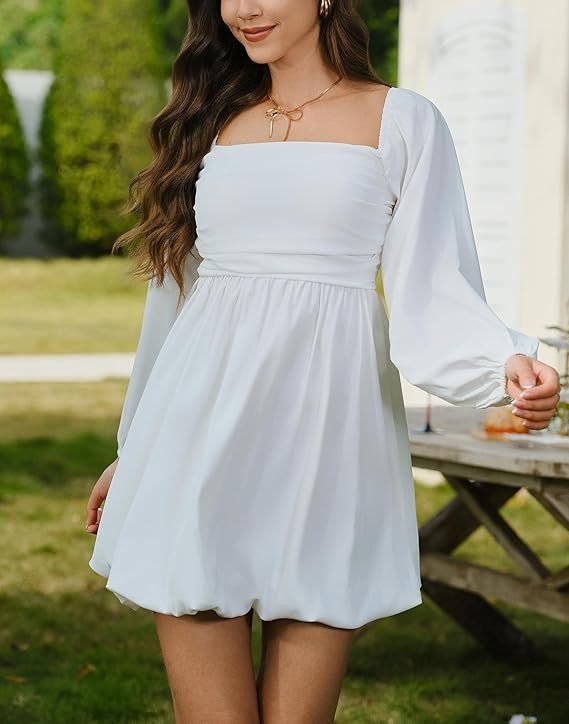 HYPERFIRE Women's Square Neck Pleated Long Sleeve Mini Dress Smocked A Lind Bubble Wedding Dresses